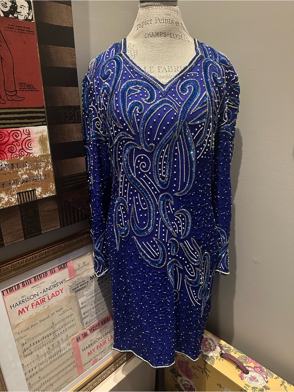 Vtg Embellished Long-Sleeve Royal Blue Evening Dress
